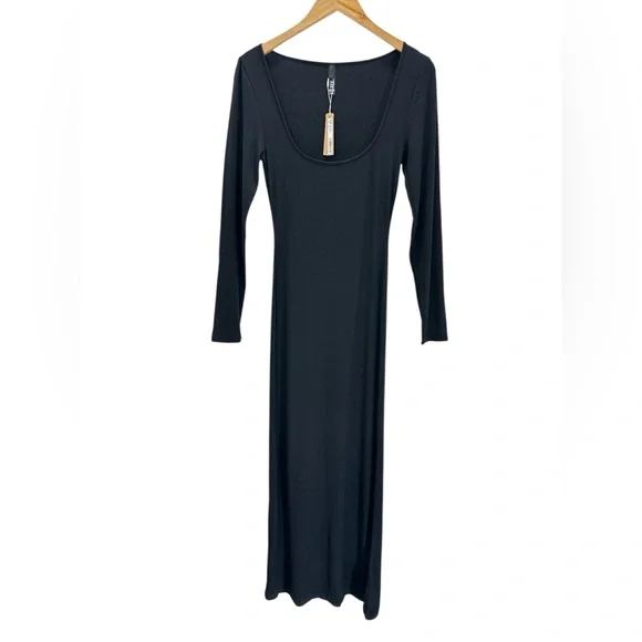 NWT Skims Soft Lounge Long Sleeve Dress Onyx Black Maxi Stretch Ribbed Bodycon L - Picture 4 of 10